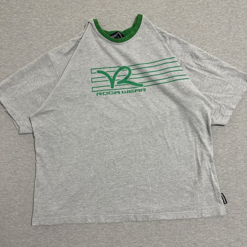 Rocawear Y2K Logo Graphic Ringer Tee Heather Grey Green Men's 2XL Hip Hop